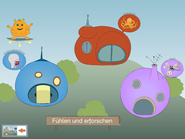 Screenshot: Drei Häuser in blau, Rot und violett, Sprachforscher-App von LIFEtool