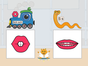 Screenshot: Lokomotive Schorschi Schnaufi und Sisi Sandviper mit den dazugehörigen Mundbildern in der Sprachforscher-App von LIFEtool